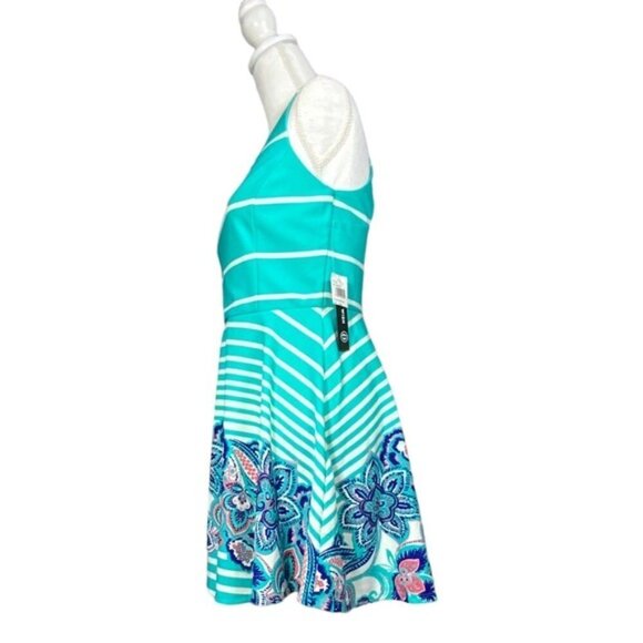 As U Wish Cut Out Skater Dress Mini Flare Stripe Floral White Teal Junior Large - Picture 9 of 16
